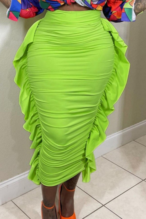 Green Casual Solid Patchwork Fold Skinny High Waist Conventional Solid Color Skirts