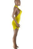 Yellow Sexy Print Patchwork Halter Skinny Rompers