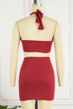 Red Sexy Solid Bandage Hollowed Out Patchwork Halter Sleeveless Two Pieces