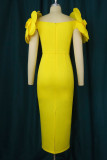 Yellow Elegant Solid Patchwork Appliques V Neck Evening Dress Dresses