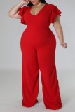 Blue Casual Solid Basic V Neck Plus Size Jumpsuits