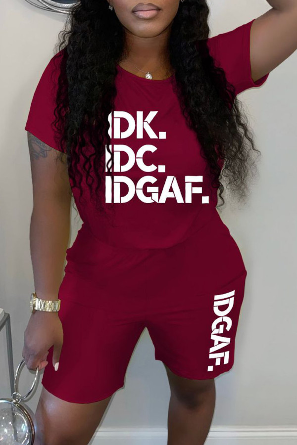 Burgundy Casual Letter Print Basic O Neck Short Sleeve Two Pieces