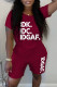 Burgundy Casual Letter Print Basic O Neck Short Sleeve Two Pieces