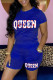 Blue Casual Letter Print Basic O Neck Short Sleeve Two Pieces