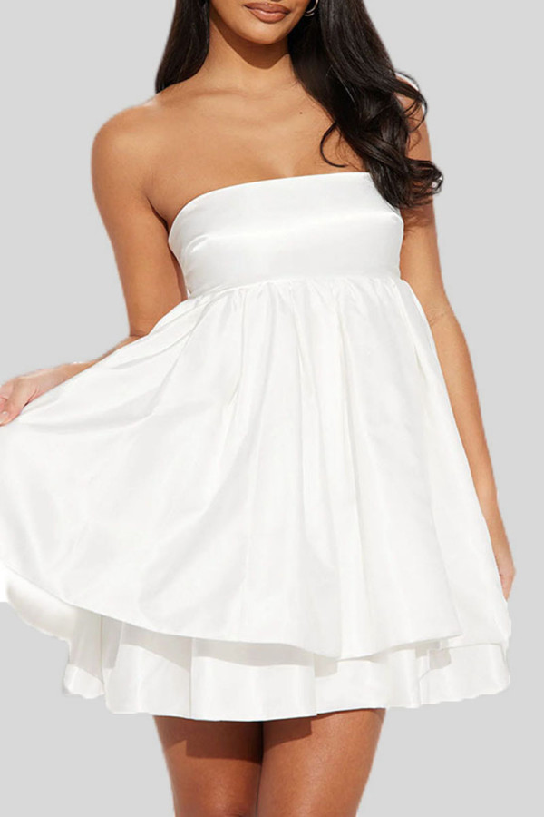 White Sexy Solid Bandage Patchwork Strapless A Line Dresses