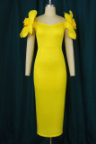 Yellow Elegant Solid Patchwork Appliques V Neck Evening Dress Dresses