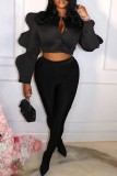 Black Casual Solid Patchwork O Neck Tops