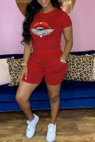 Red Casual Lips Printed Basic O Neck Short Sleeve Two Pieces