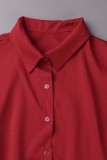 Red Casual Solid Patchwork Shirt Collar Short Sleeve Dress