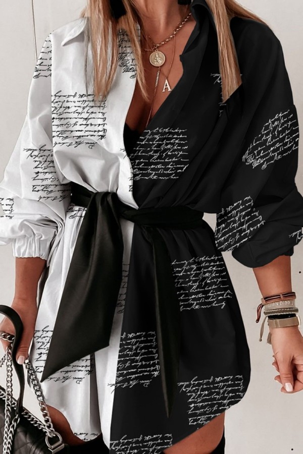 White Black Casual Print Patchwork Turndown Collar Shirt Dress Dresses