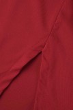 Red Casual Solid Patchwork Shirt Collar Short Sleeve Dress
