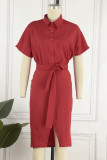 Red Casual Solid Patchwork Shirt Collar Short Sleeve Dress