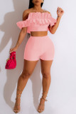 Pink Sexy Casual Solid Backless Off the Shoulder Short Sleeve Two Pieces