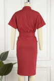 Red Casual Solid Patchwork Shirt Collar Short Sleeve Dress