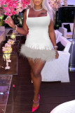 Pink Sexy Solid Patchwork Feathers Square Collar Pencil Skirt Dresses