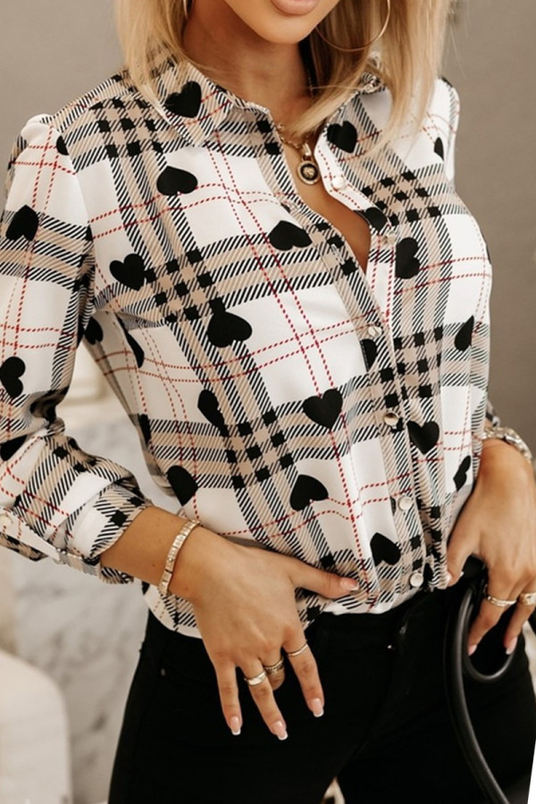 Khaki Casual Print Patchwork Shirt Collar Tops