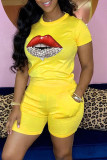 Red Casual Lips Printed Basic O Neck Short Sleeve Two Pieces