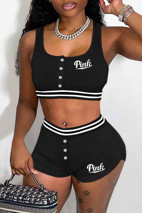Black Street Print Letter U Neck Sleeveless Two Pieces