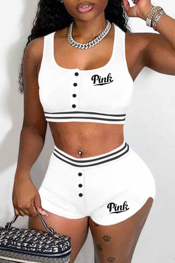 White Street Print Letter U Neck Sleeveless Two Pieces