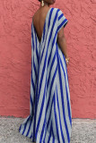 Blue Casual Striped Print Patchwork Backless O Neck Straight Dresses