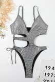 Silver Sexy Solid Bandage Hollowed Out Backless Swimwears (With Paddings)