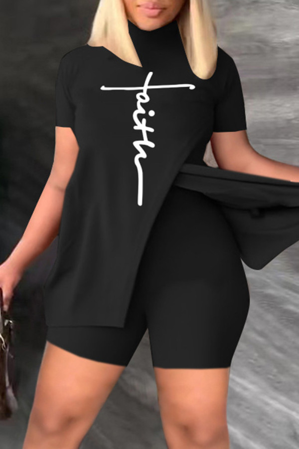 Black Casual Print Slit Turtleneck Short Sleeve Two Pieces