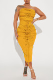 Brick Red Sexy Solid Bandage Patchwork Strapless Sleeveless Two Pieces