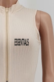 Apricot Casual Print Letter Zipper Collar One Step Skirt Dresses