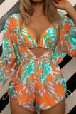 Turquoise Sexy Print Bandage Swimsuit Three Piece Set