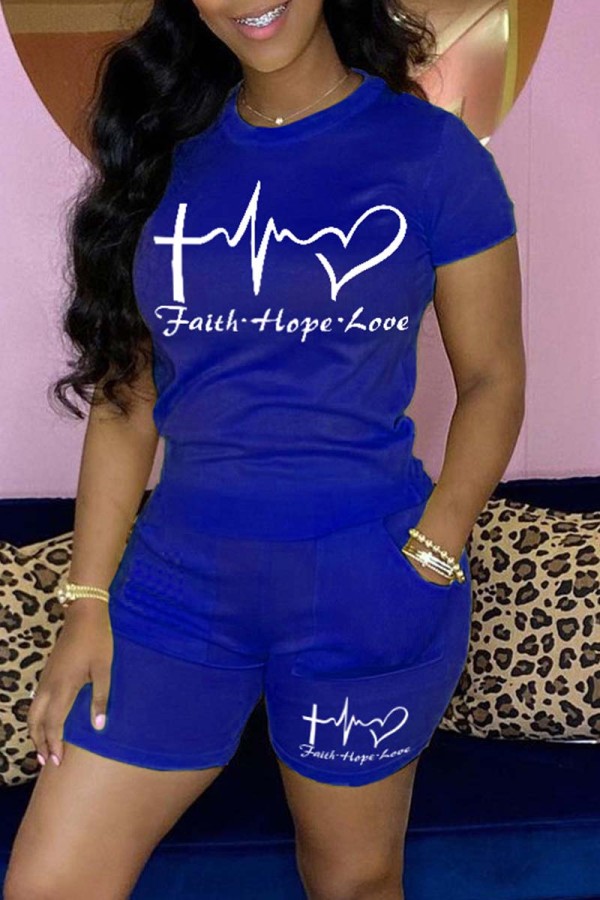 Blue Casual Print Basic O Neck Short Sleeve Two Pieces