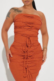 Brick Red Sexy Solid Bandage Patchwork Strapless Sleeveless Two Pieces