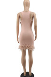 Pink Sexy Solid Patchwork Feathers Square Collar Pencil Skirt Dresses