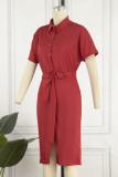 Red Casual Solid Patchwork Shirt Collar Short Sleeve Dress