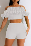 White Sexy Casual Solid Backless Off the Shoulder Short Sleeve Two Pieces