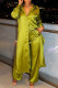 Green Casual Patchwork Buckle Slit Turndown Collar Long Sleeve Two Pieces