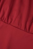Red Casual Solid Patchwork Shirt Collar Short Sleeve Dress