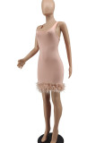 Pink Sexy Solid Patchwork Feathers Square Collar Pencil Skirt Dresses