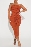 Brick Red Sexy Solid Bandage Patchwork Strapless Sleeveless Two Pieces