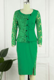 Red Casual Solid Patchwork O Neck Three Quarter Two Pieces