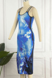 Blue Sexy Print Patchwork Slit Spaghetti Strap Straight Dresses
