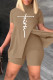 Khaki Casual Print Slit Turtleneck Short Sleeve Two Pieces