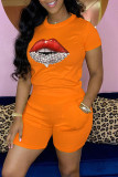 Red Casual Lips Printed Basic O Neck Short Sleeve Two Pieces