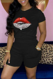 Red Casual Lips Printed Basic O Neck Short Sleeve Two Pieces