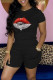 Black Casual Lips Printed Basic O Neck Short Sleeve Two Pieces