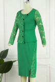 Red Casual Solid Patchwork O Neck Three Quarter Two Pieces