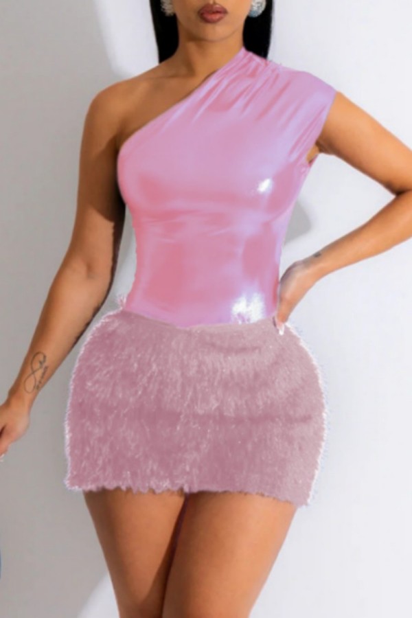 Pink Sexy Casual Solid Patchwork Oblique Collar Sleeveless Dress Dresses