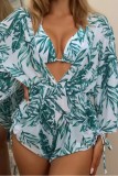 Turquoise Sexy Print Bandage Swimsuit Three Piece Set