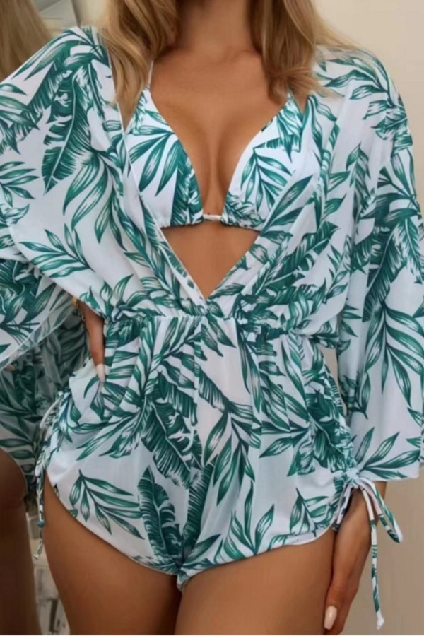 Turquoise Sexy Print Bandage Swimsuit Three Piece Set