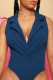 Blue Sexy Solid Patchwork Turn-back Collar Regular Bodysuits