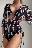 Turquoise Sexy Print Bandage Swimsuit Three Piece Set